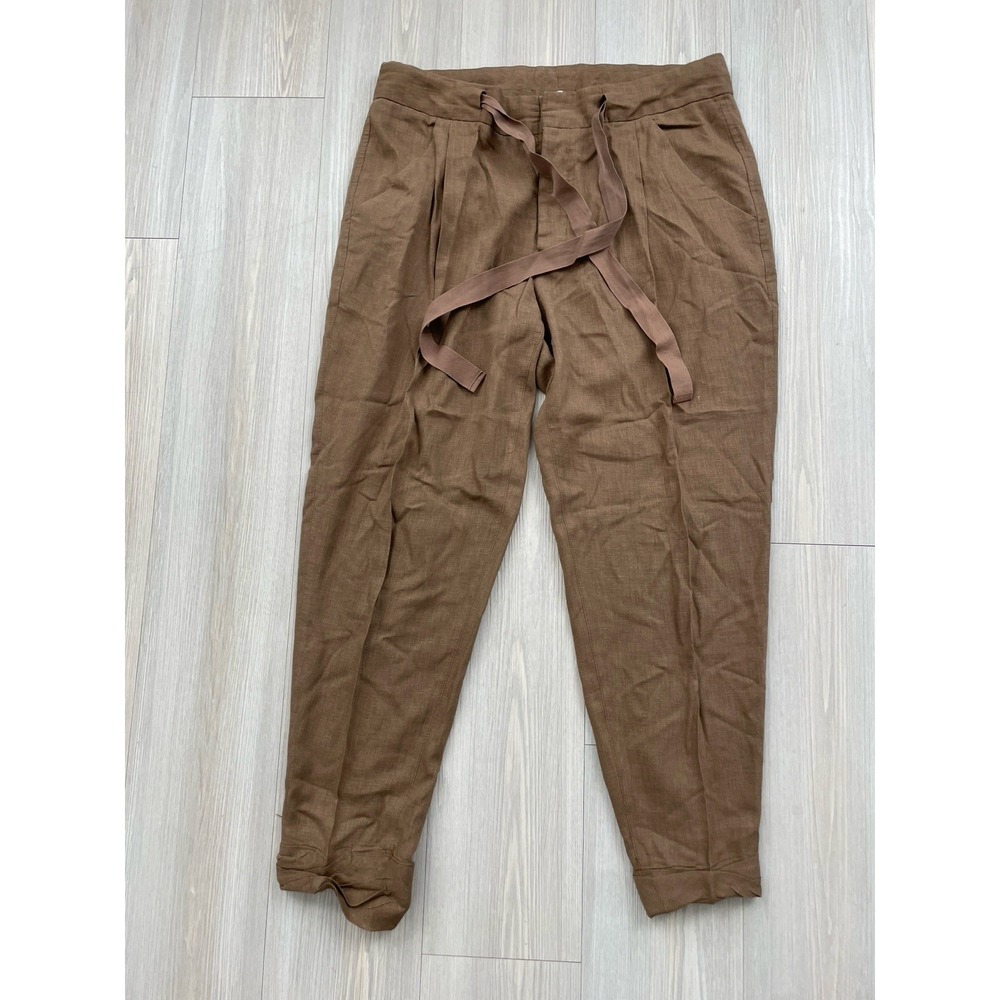 Free People Women's Brown Linen Pants With Tie Waist Size 6 Autumn Work